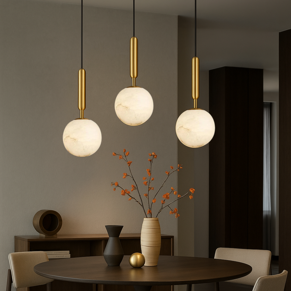 Pendant Light | Brass & Stone | Round Stone Shade | Living Room Accent