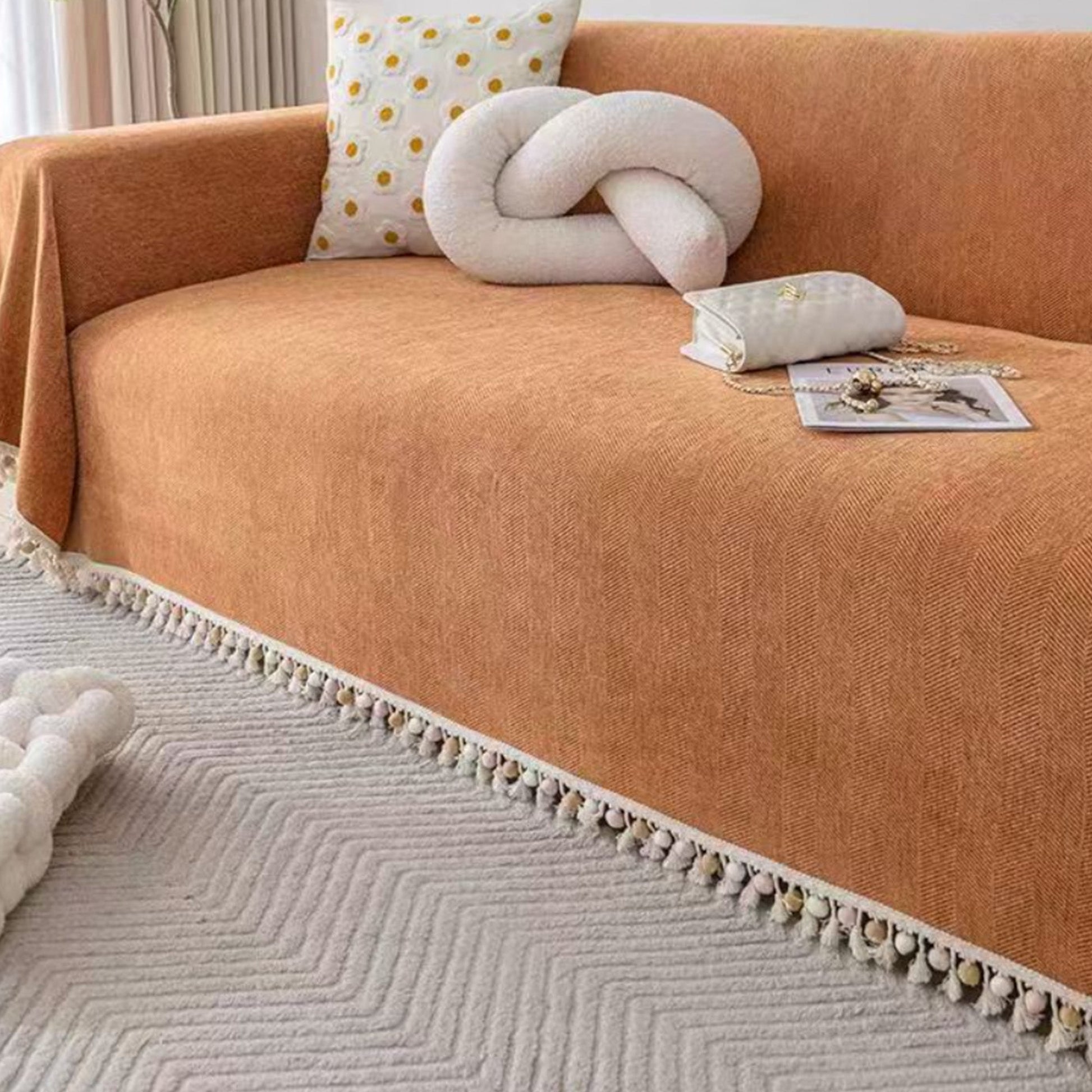 Sofa Cover | Cotton & Polyester Blend | Herringbone Tassel | Living Room Cozy Decor