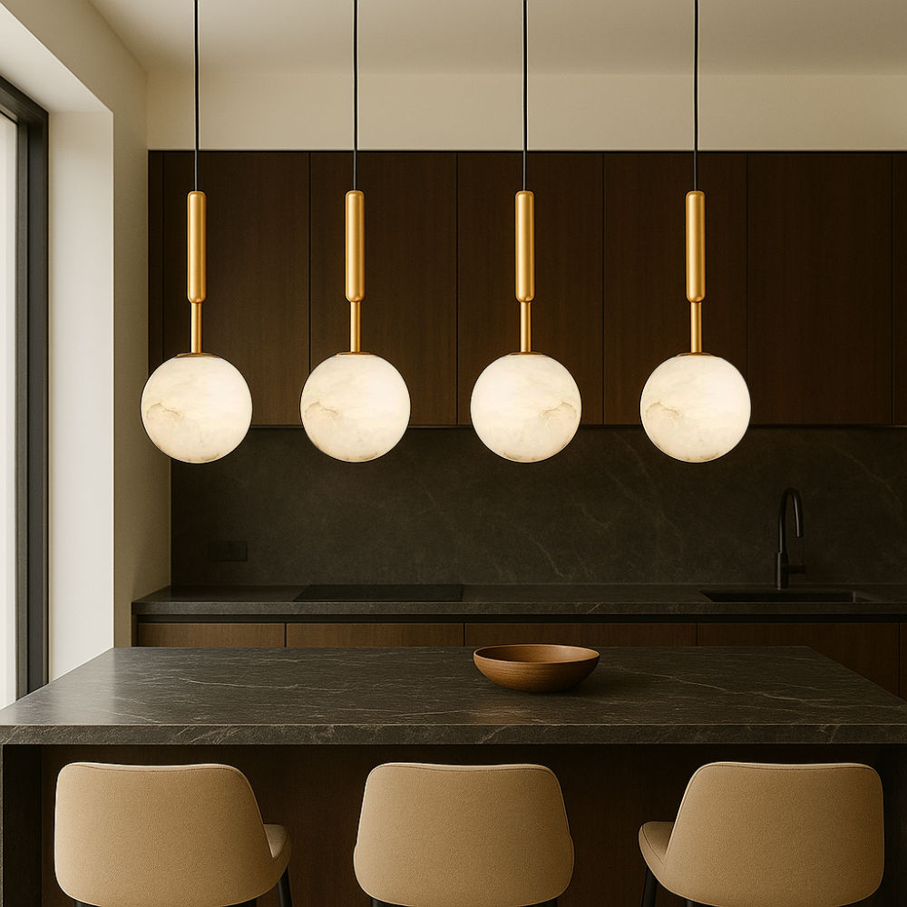 Pendant Light | Brass & Stone | Round Stone Shade | Living Room Accent