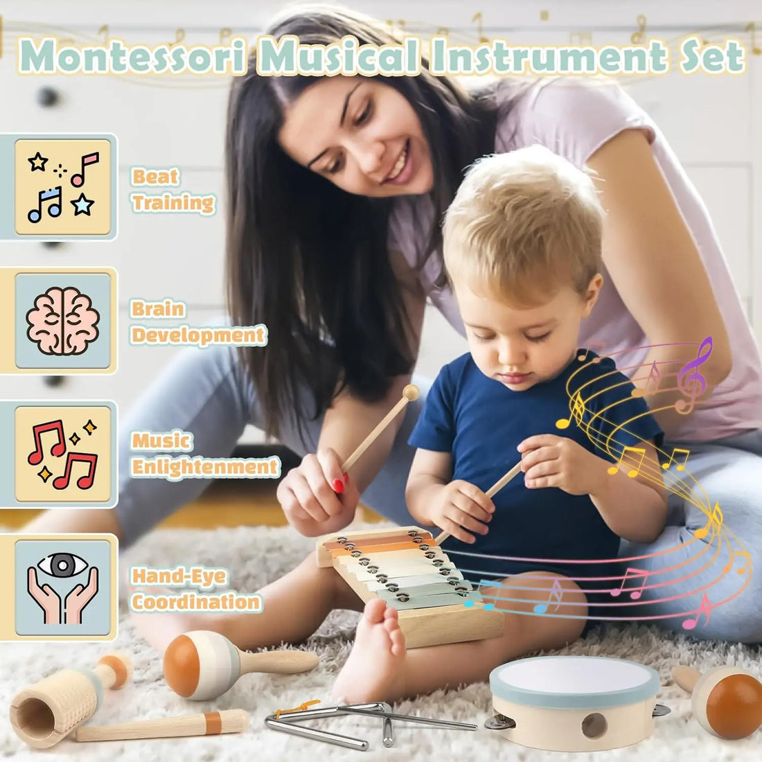 Montessori Wooden Musical Instrument Set for Toddlers - Xylophone & More
