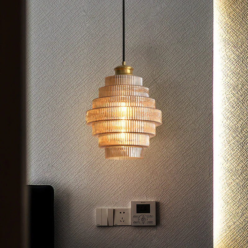 Pendant Light | Ribbed Glass & Brass | Tiered Design | Dining Room Elegance