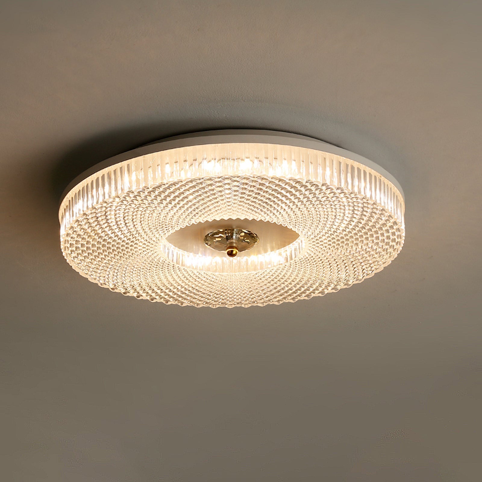 Ceiling Light | Crystal & Metal | Textured Rim Circular Form | Contemporary Living Room