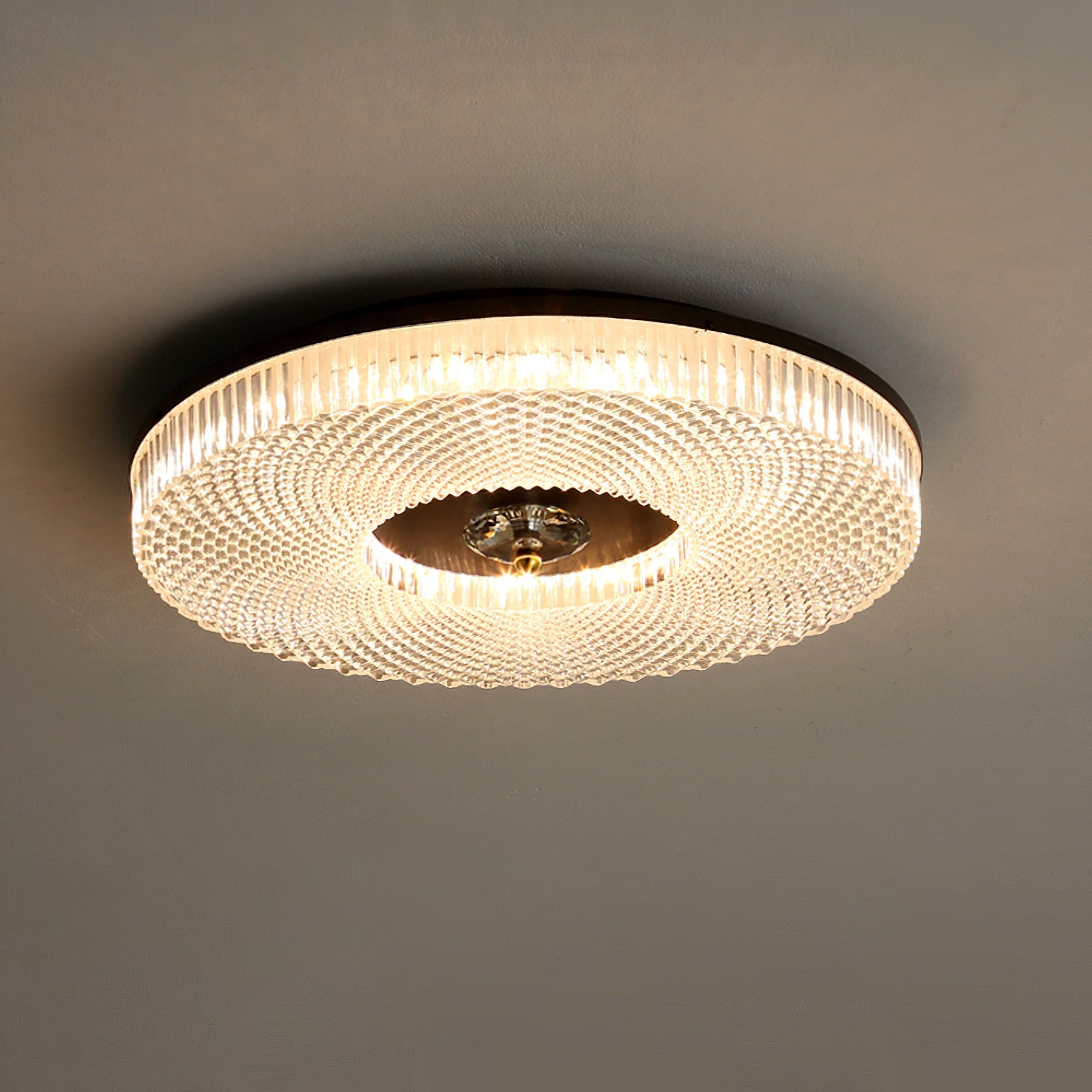 Ceiling Light | Crystal & Metal | Textured Rim Circular Form | Contemporary Living Room