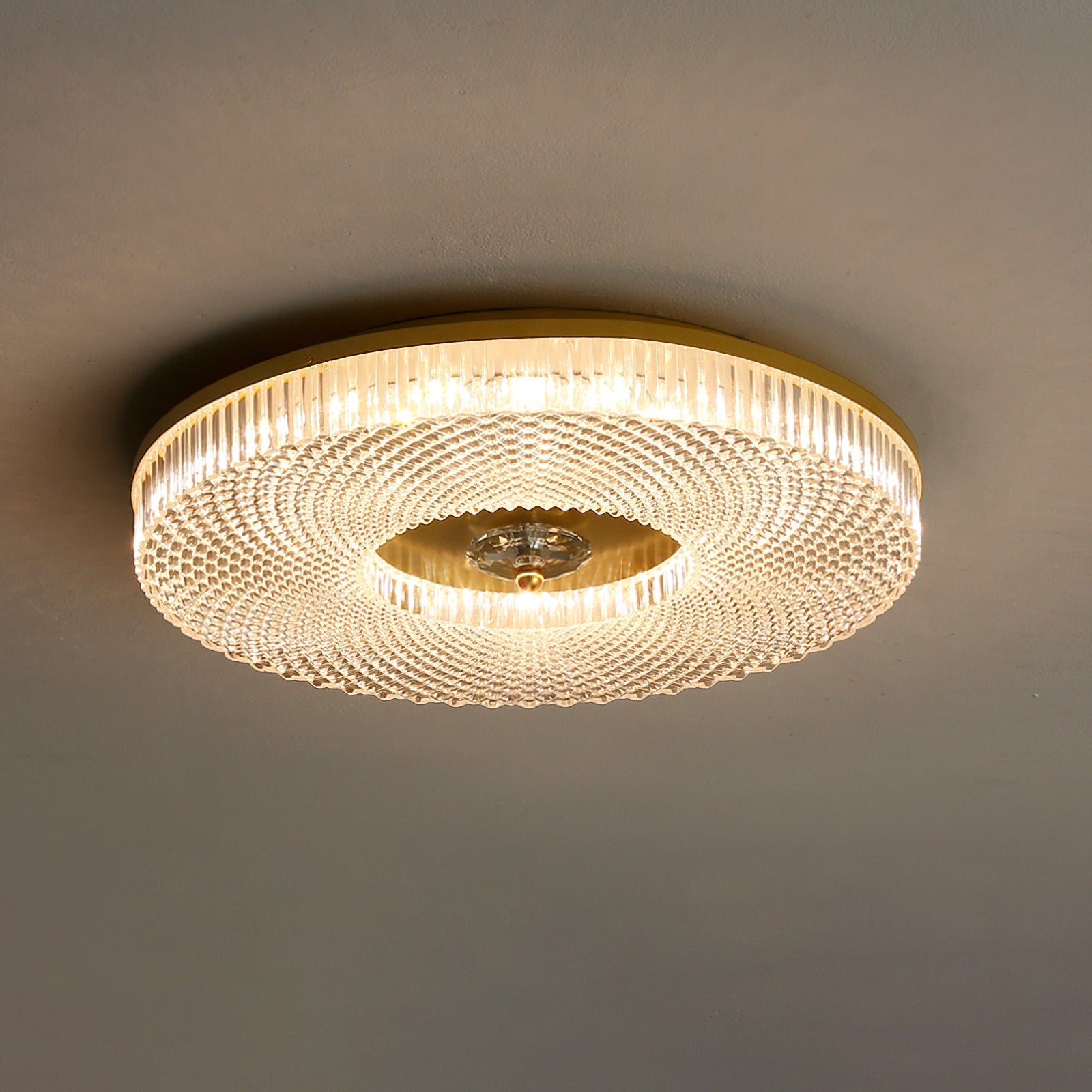 Ceiling Light | Crystal & Metal | Textured Rim Circular Form | Contemporary Living Room
