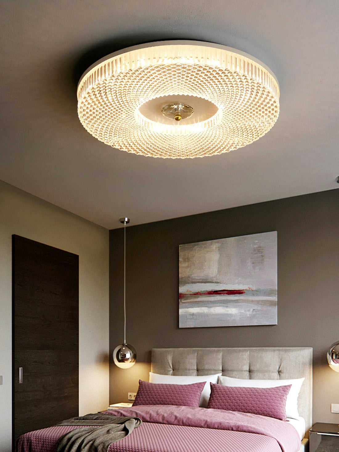 Ceiling Light | Crystal & Metal | Textured Rim Circular Form | Contemporary Living Room