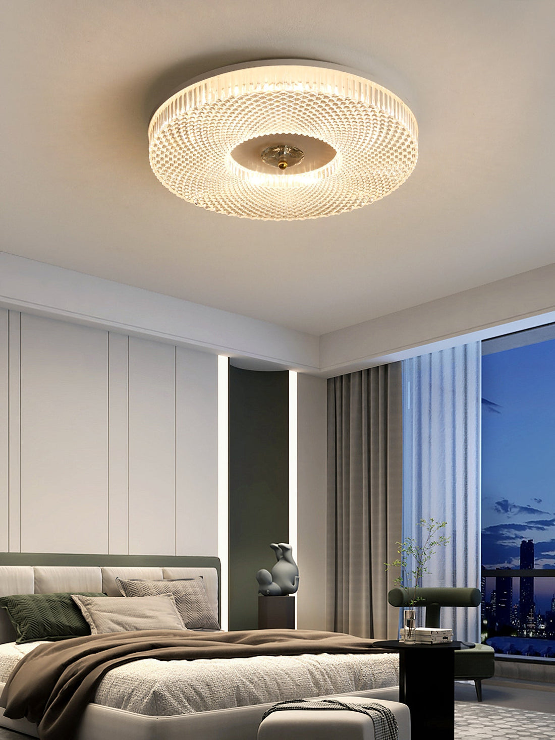 Ceiling Light | Crystal & Metal | Textured Rim Circular Form | Contemporary Living Room