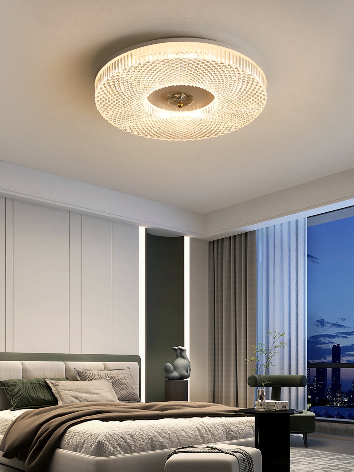 Ceiling Light | Crystal & Metal | Textured Rim Circular Form | Contemporary Living Room