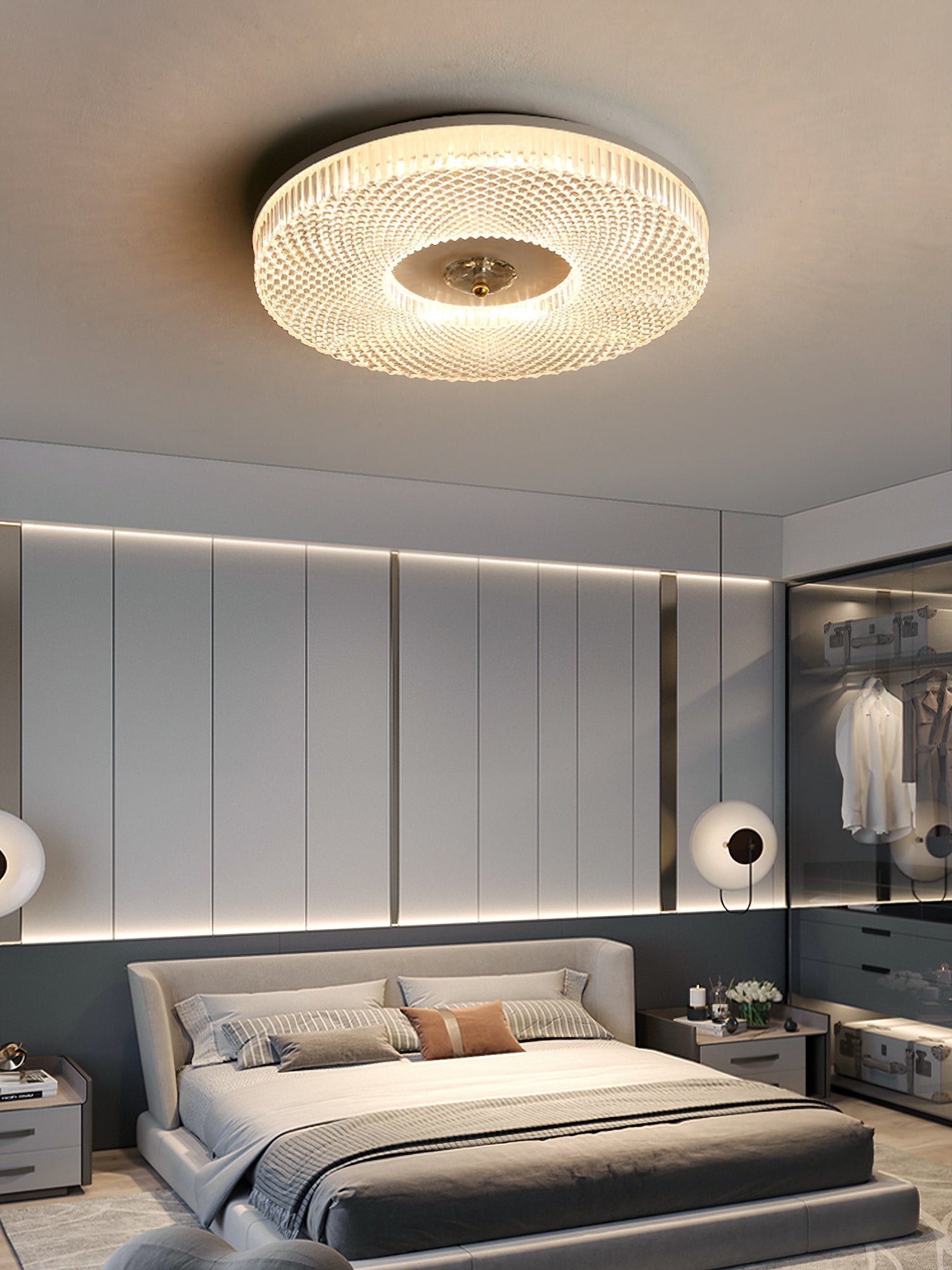 Ceiling Light | Crystal & Metal | Textured Rim Circular Form | Contemporary Living Room