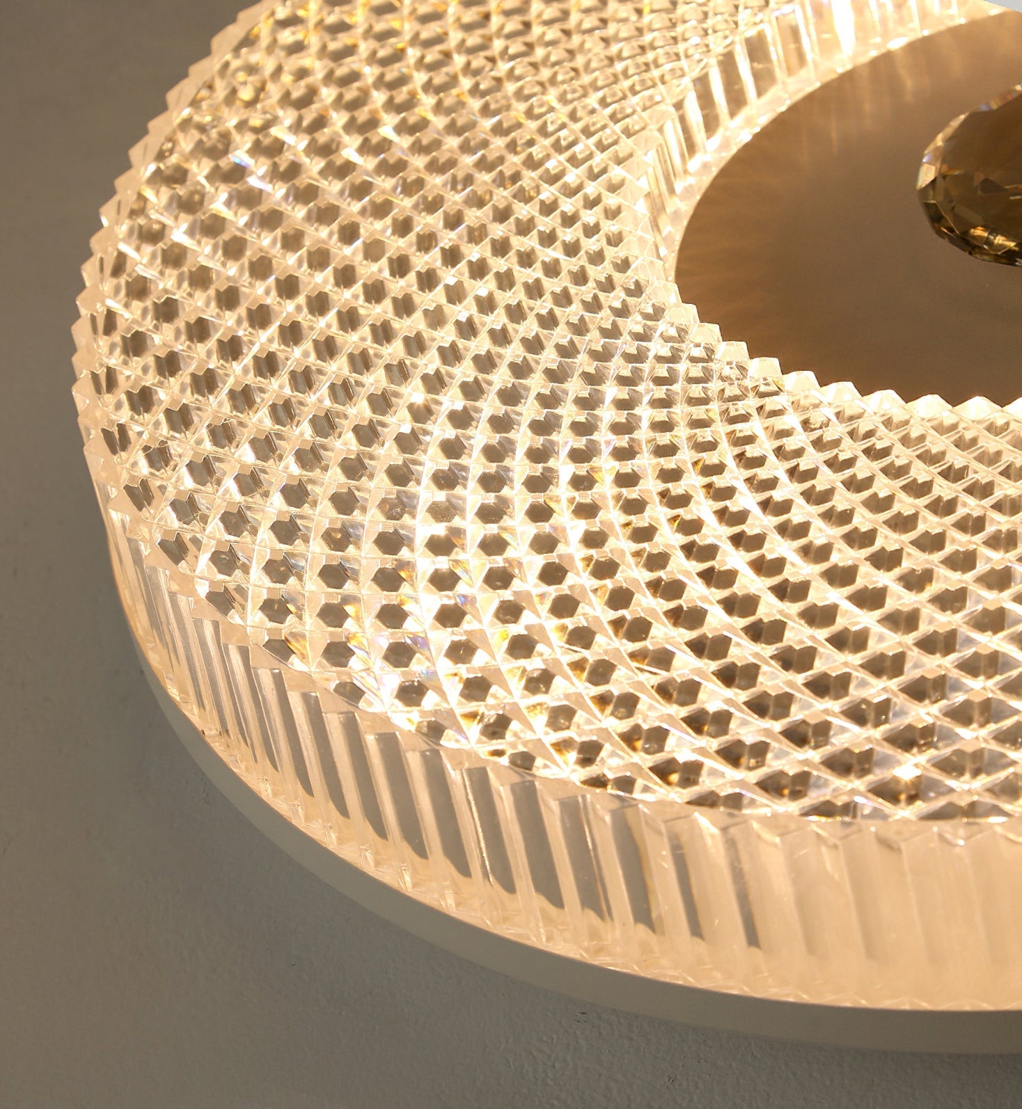 Ceiling Light | Crystal & Metal | Textured Rim Circular Form | Contemporary Living Room