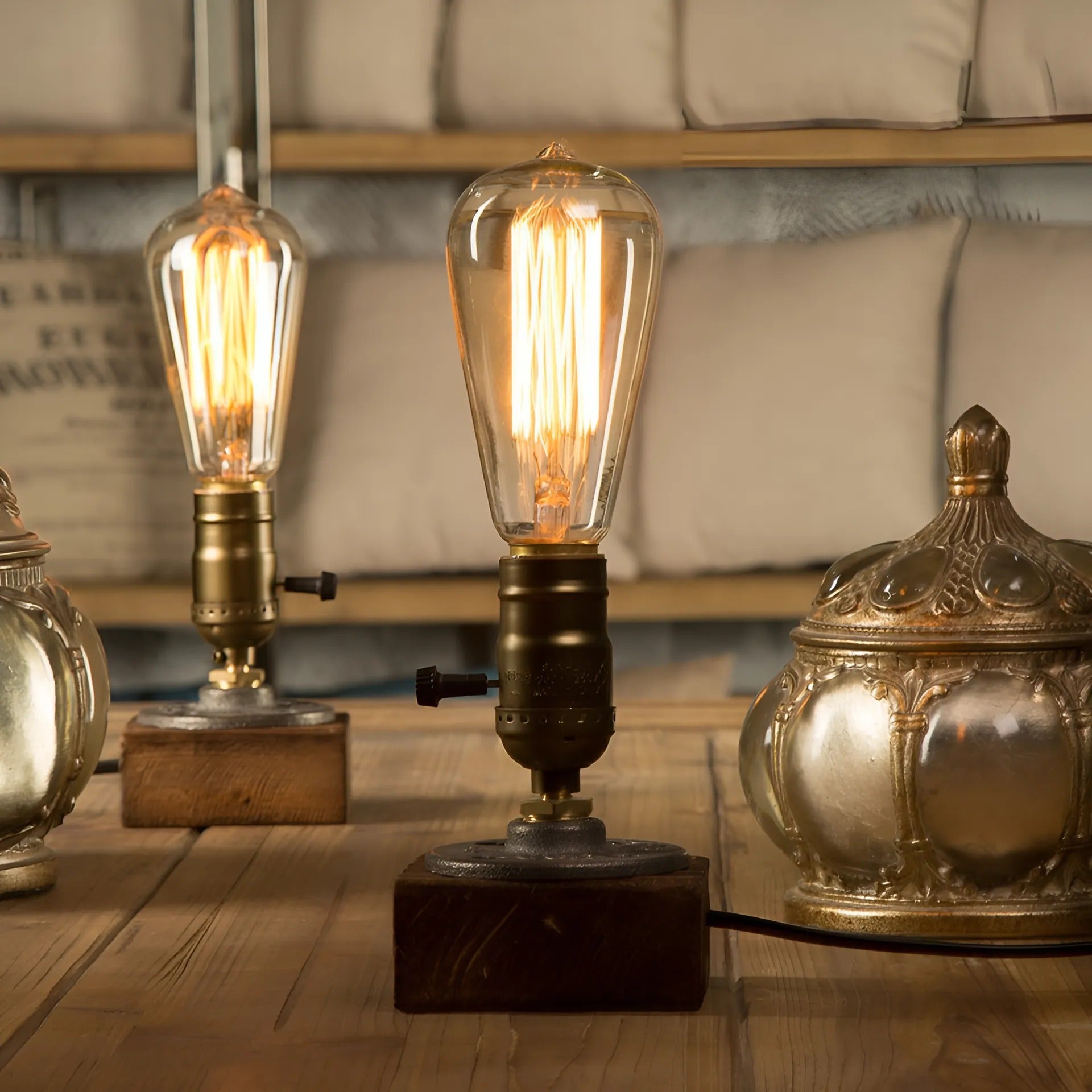 Table Lamp | Wood & Brass | Exposed Edison Bulb | Living Room Accent