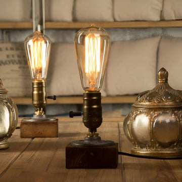 Table Lamp | Wood & Brass | Exposed Edison Bulb | Living Room Accent