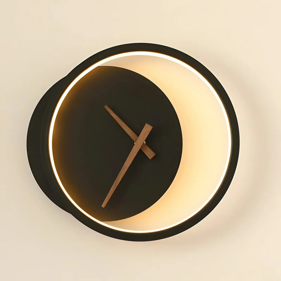 Wall Clock | Matte Black Metal & Wood | Circular LED Illumination | Living Room Accent