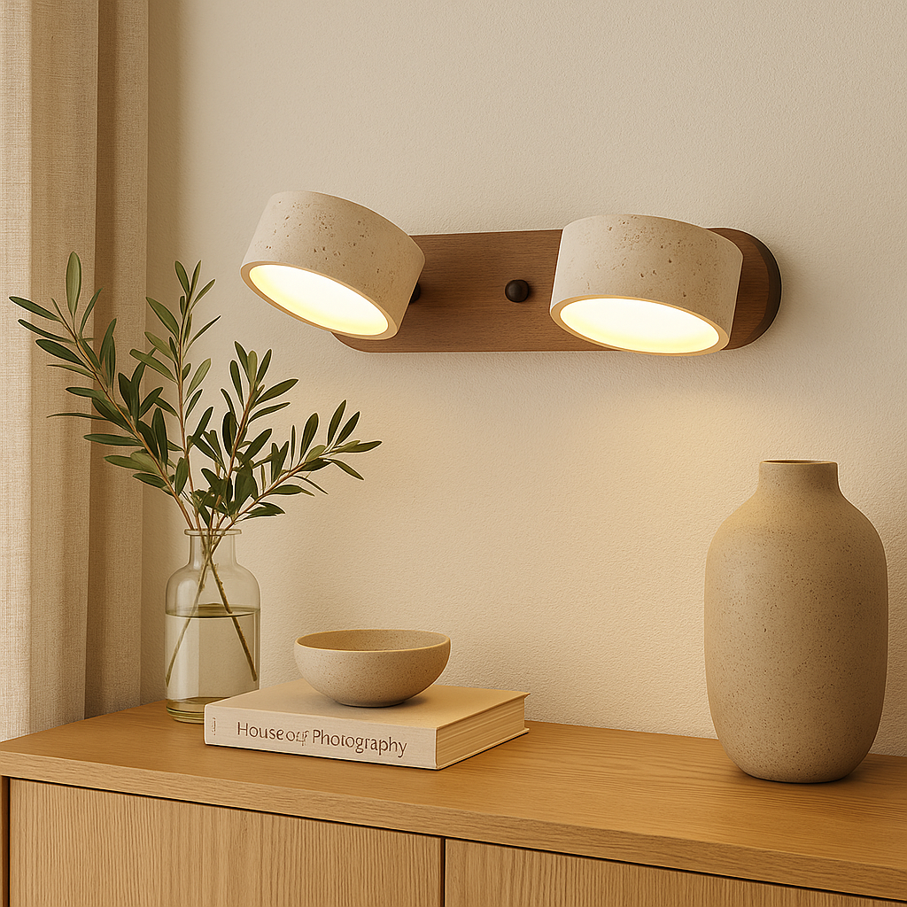 Wall Lamp | Travertine & Wood | Cylindrical Shades | Living Room Accent