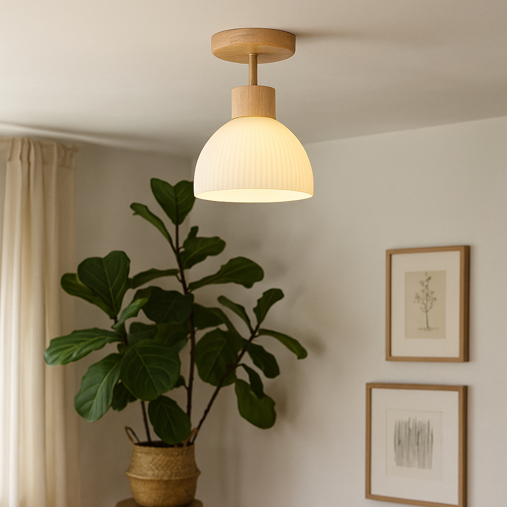 Ceiling Light | Wood & Textured Glass | Ribbed Texture | Living Room Accent