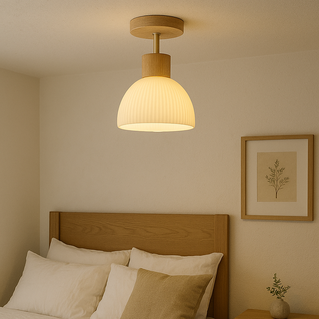 Ceiling Light | Wood & Textured Glass | Ribbed Texture | Living Room Accent