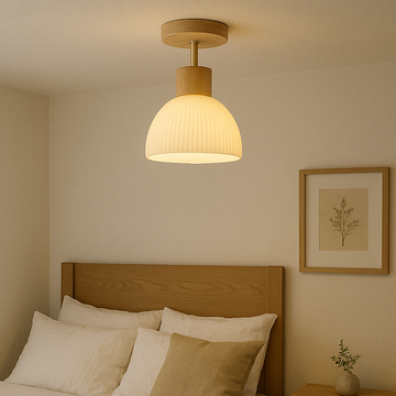 Ceiling Light | Wood & Textured Glass | Ribbed Texture | Living Room Accent