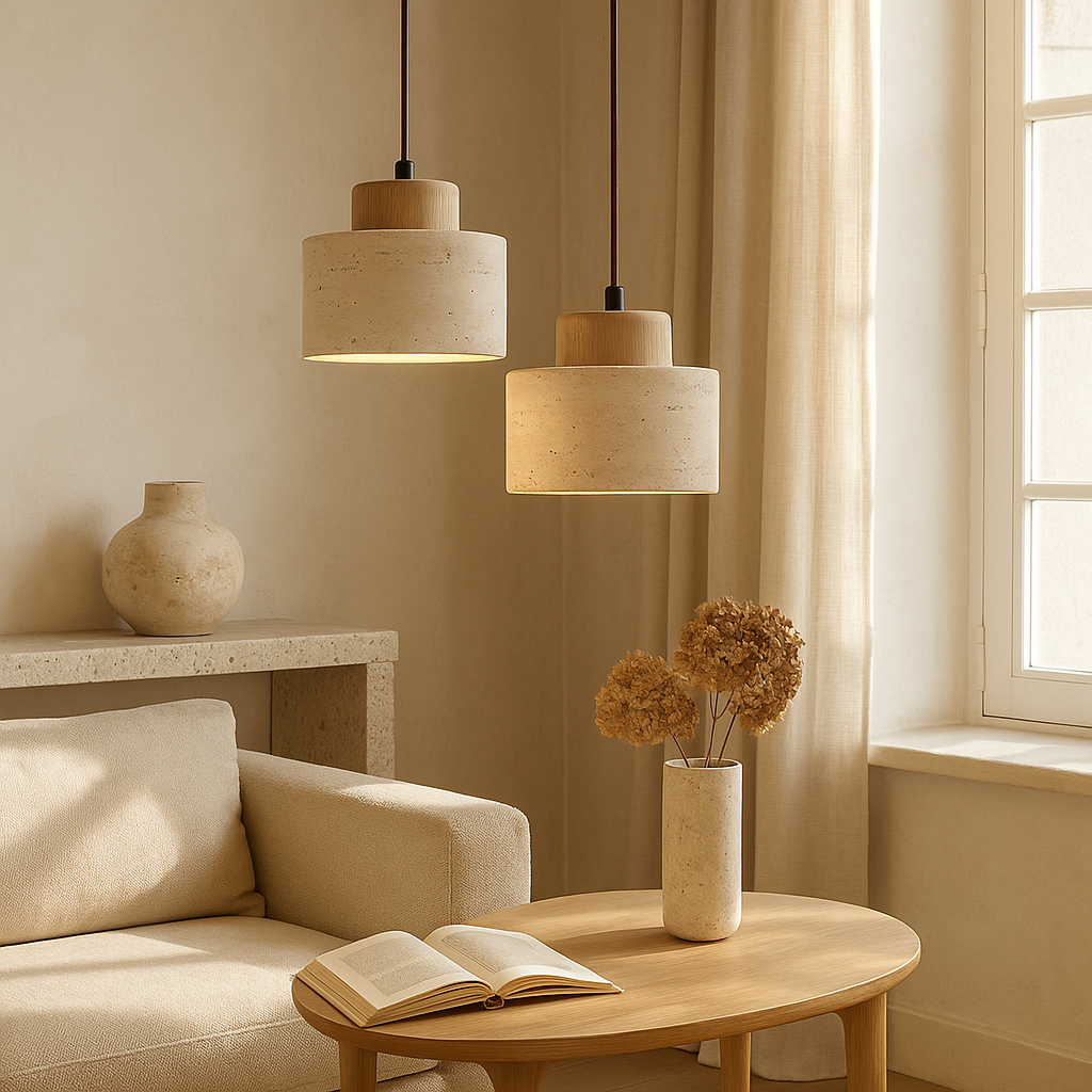 Pendant Lamp | Travertine Stone & Dark Wood | Modern Organic Cylindrical Design | Living Room Accent
