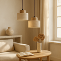Pendant Lamp | Travertine Stone & Dark Wood | Modern Organic Cylindrical Design | Living Room Accent