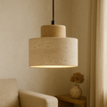 Pendant Lamp | Travertine Stone & Dark Wood | Modern Organic Cylindrical Design | Living Room Accent