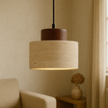 Pendant Lamp | Travertine Stone & Dark Wood | Modern Organic Cylindrical Design | Living Room Accent