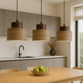 Pendant Lamp | Travertine Stone & Dark Wood | Modern Organic Cylindrical Design | Living Room Accent