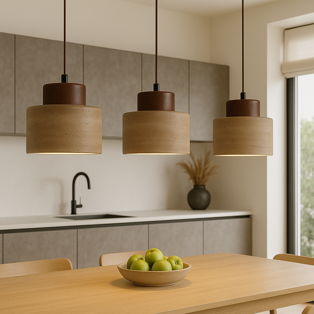 Pendant Lamp | Travertine Stone & Dark Wood | Modern Organic Cylindrical Design | Living Room Accent
