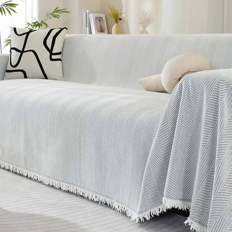 Blanket | Chenille | Herringbone Pattern & Tassel Edges | Living Room Accent