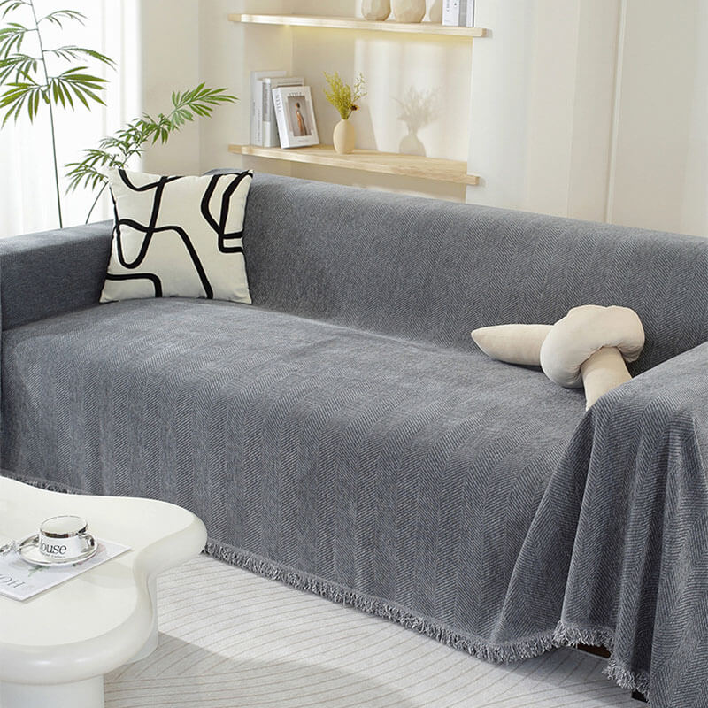 Blanket | Chenille | Herringbone Pattern & Tassel Edges | Living Room Accent