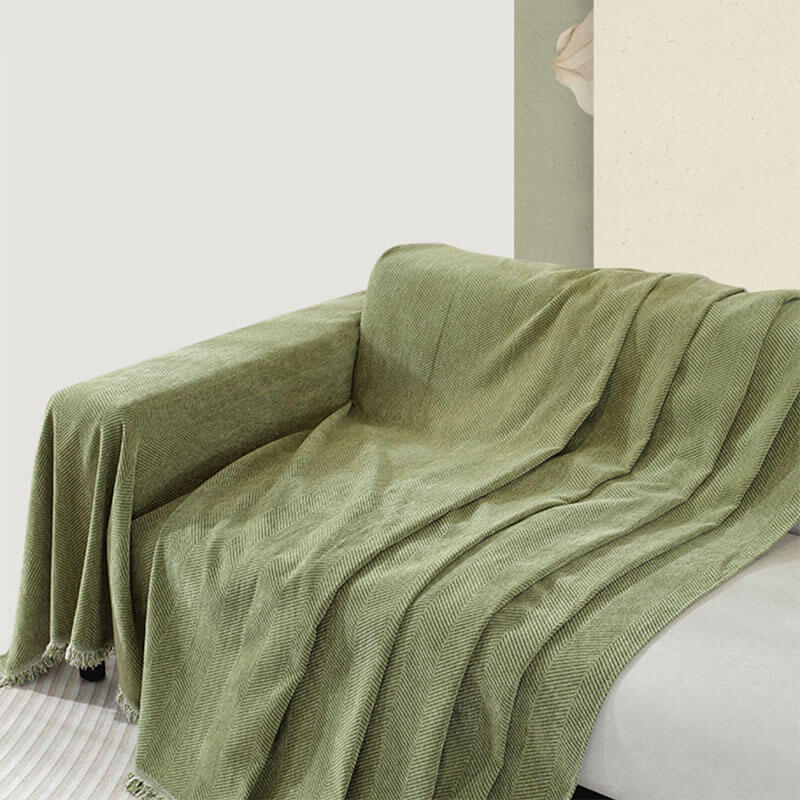 Blanket | Chenille | Herringbone Pattern & Tassel Edges | Living Room Accent