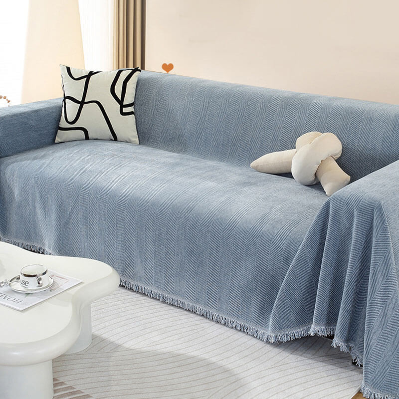 Blanket | Chenille | Herringbone Pattern & Tassel Edges | Living Room Accent