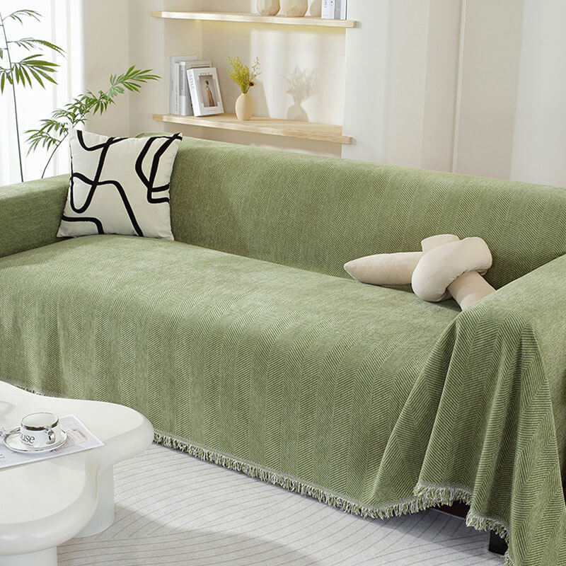 Blanket | Chenille | Herringbone Pattern & Tassel Edges | Living Room Accent