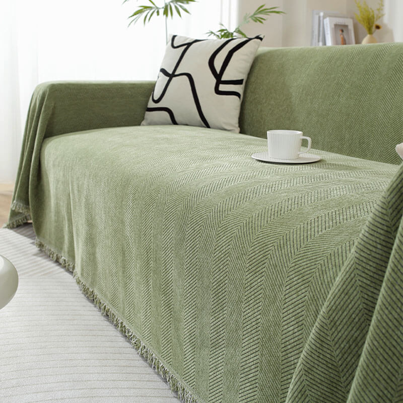 Blanket | Chenille | Herringbone Pattern & Tassel Edges | Living Room Accent
