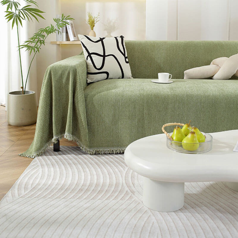 Blanket | Chenille | Herringbone Pattern & Tassel Edges | Living Room Accent