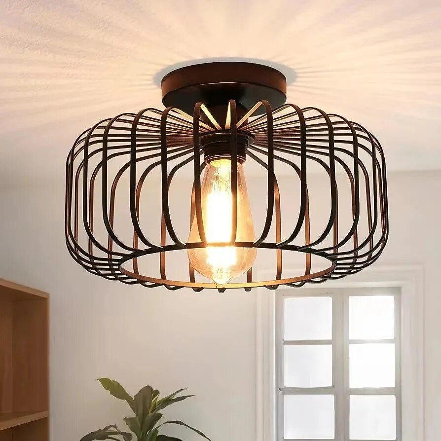 Industrial Modern Semi-Flush Mount Ceiling Light - Minimalist Birdcage Design