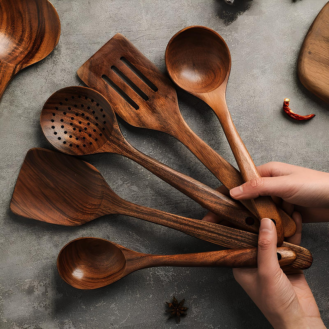 Utensil Set | Natural Wood | Smooth Finish & Ergonomic Handles | Kitchen Use