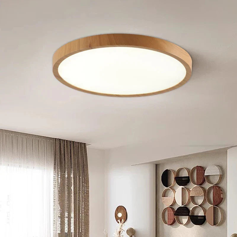 Modern Minimalist Ultrathin Flush Mount Circular Ceiling Light with Walnut Accent