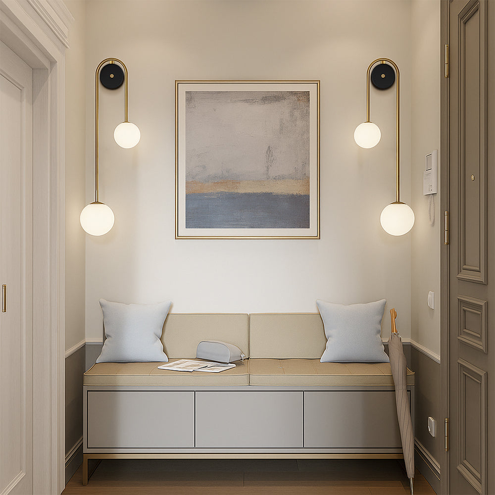 Wall Lamp | Brushed Brass & Opaque Glass | Double Globe Design | Living Room Accent