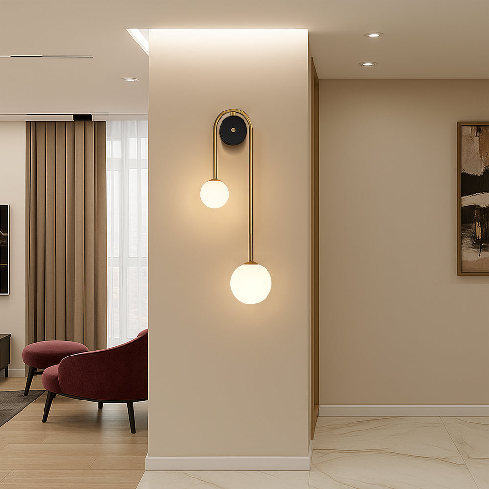 Wall Lamp | Brushed Brass & Opaque Glass | Double Globe Design | Living Room Accent