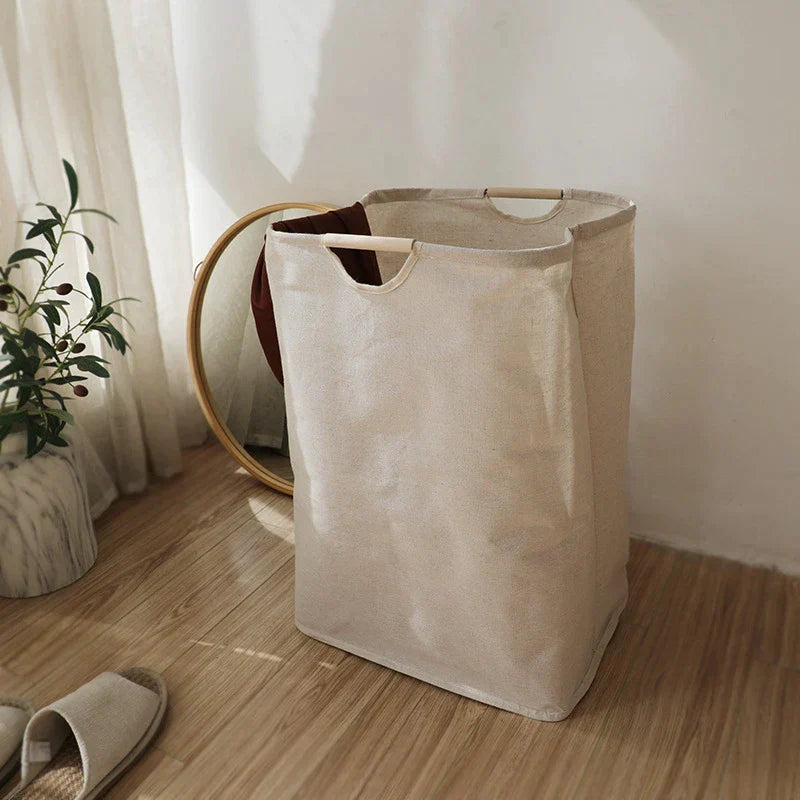 Collapsible Cotton Linen Laundry Hamper with Wooden Handles - Minimalist Japanese Style