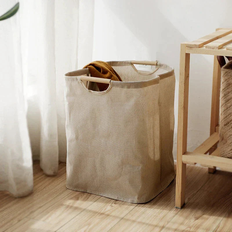 Collapsible Cotton Linen Laundry Hamper with Wooden Handles - Minimalist Japanese Style