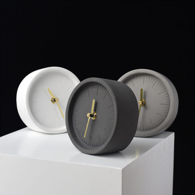 Desk Clock | Cement & Brass | Minimalist Cylindrical Design | Workspace Essential