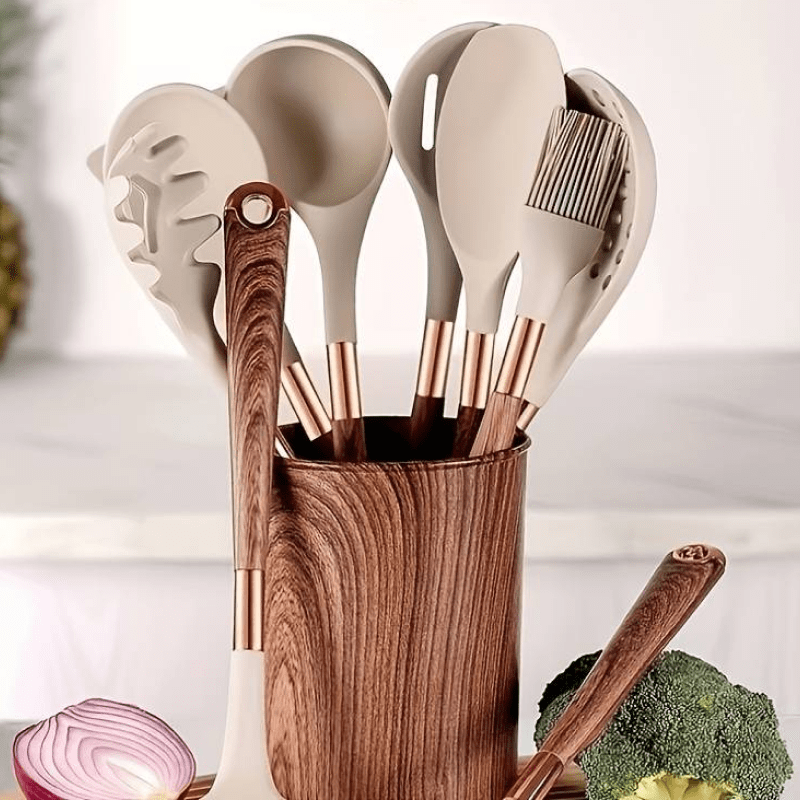 Utensil Set | Silicone & Wood | Smooth Heads & Hanging Loops | Kitchen Use