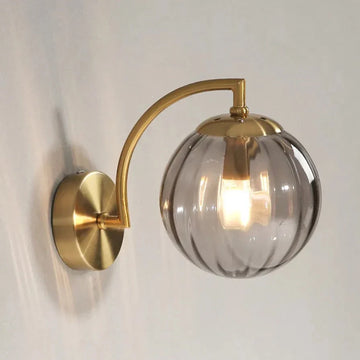 Modern Ribbed Glass Globe Wall Light – Curved Arm LED Sconce for Elegant Interiors