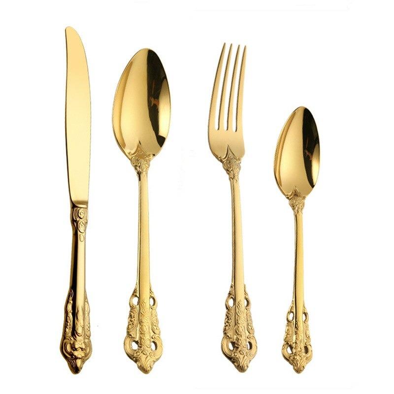Cutlery Set | Gold-Colored Stainless Steel | Intricate Ornate Detailing | Lavish Dinner Settings