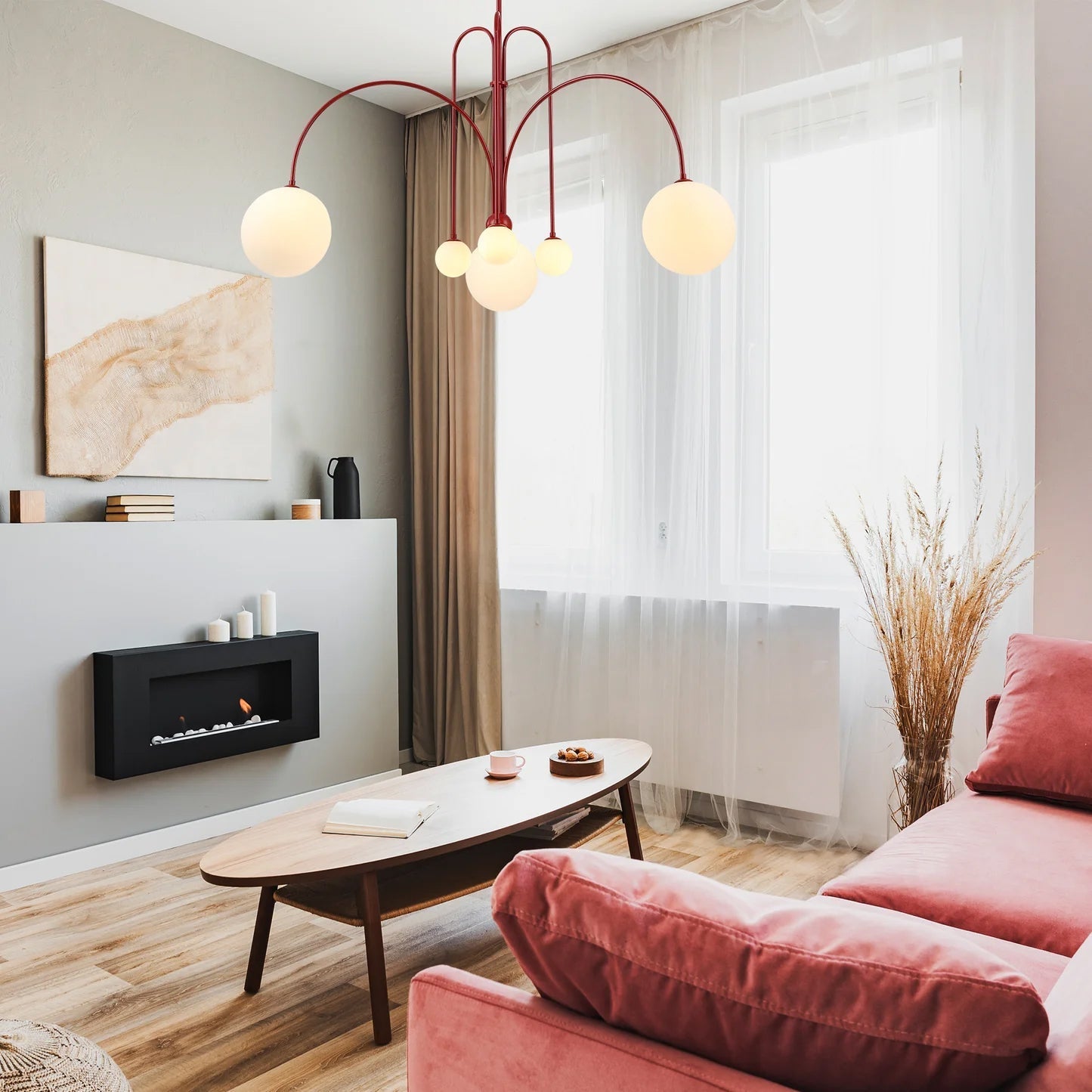 Chandelier | Metal & Frosted Glass | Curved Arms & Suspended Design | Living Room Focal Point