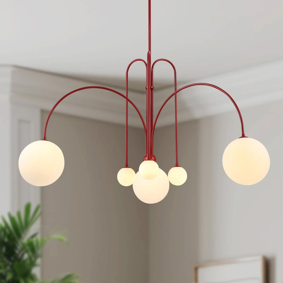 Chandelier | Metal & Frosted Glass | Curved Arms & Suspended Design | Living Room Focal Point