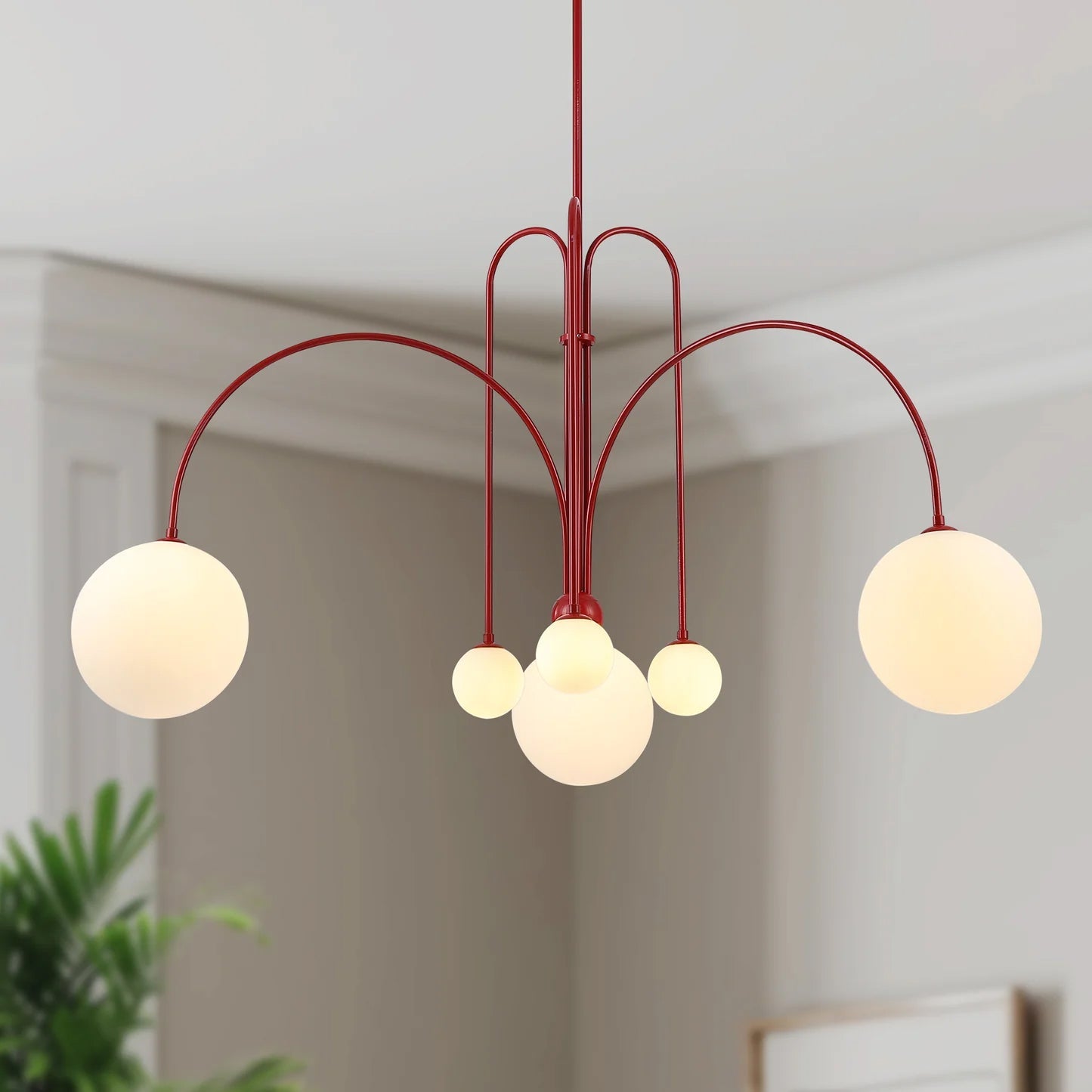 Chandelier | Metal & Frosted Glass | Curved Arms & Suspended Design | Living Room Focal Point