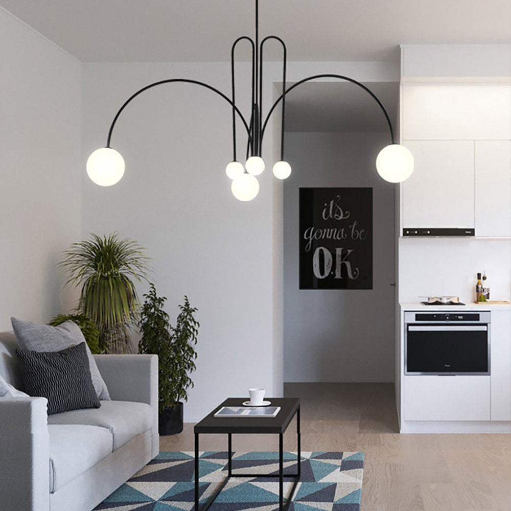 Chandelier | Metal & Frosted Glass | Curved Arms & Suspended Design | Living Room Focal Point
