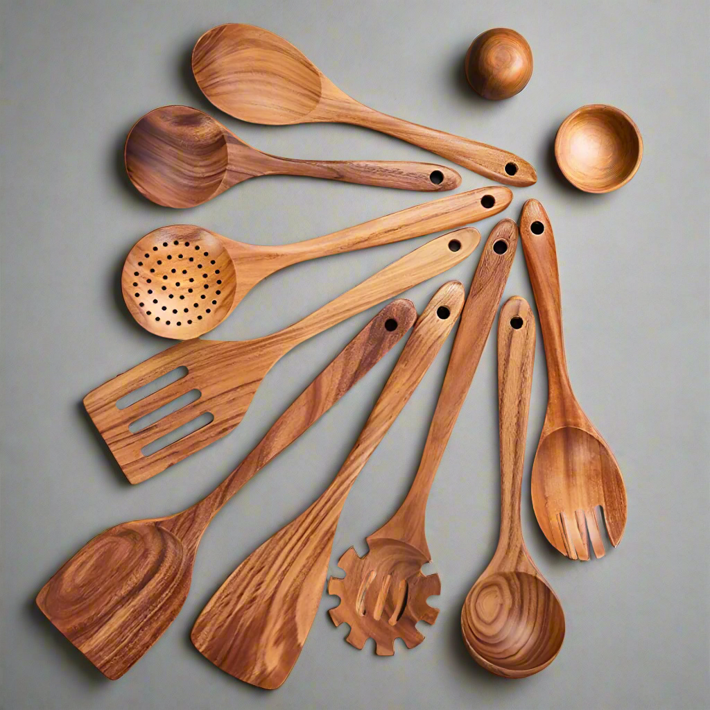 Teak Wood Utensil Set with Ergonomic Handles and Eco-Friendly Design