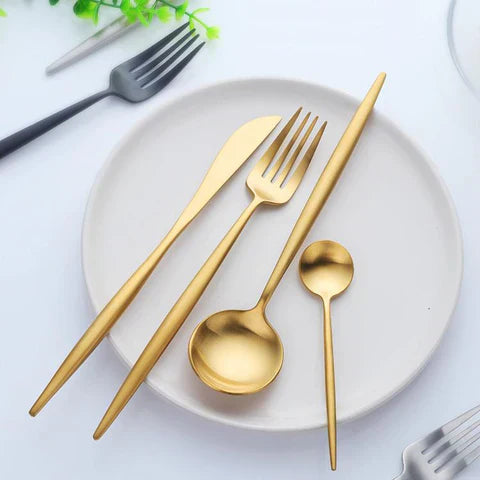 Cutlery Set | Brushed Gold Stainless Steel | Sleek Elongated Design | Upscale Dining